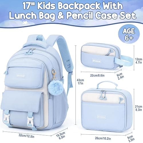 Fimibuke Backpacks for Girls, 3 PCS Waterproof School Backpack with Lunch Box & Pencil Pouch for Kids Teen Girl, Cute Bookbag School Bag for Elementary Middle High School Student Ages 6+(Blue) thumbnail 2