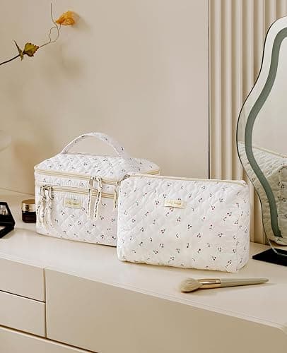 HBselect 2Pcs Travel Makeup Bag, Large Cotton Quilted Makeup Bag Cosmetic Bag Cute Make up Bag Toiletry Bags for Women Girls thumbnail 2