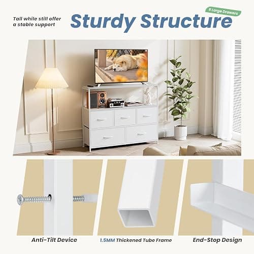 DUMOS TV Stand Dresser with 5 Fabric Storage Drawers, Media Console Featuring Open Shelf for 45 inch TV, Compact Entertainment Unit for Bedroom, Living Space, or Dorm Organization, White thumbnail 6
