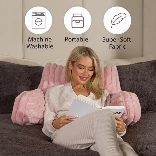 OHS Reading Pillow Faux Fur Ribbed, Heatable Pocket Cuddle Cushion for Bed Super Soft Cosy Pillow with Arms Support Pillows for Sitting up in Bed, Blush Pink thumbnail 7