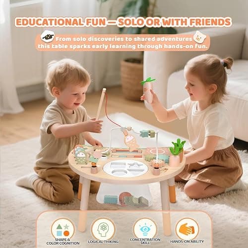 Hewaurorion Wooden Activity Table for 1 Year Old - Montessori 9 in 1 Busy Board Baby Activity Centre with Bead Maze Shape Sorter, Sensory Learning Toys for Toddler, Birthday Gift for Boys and Girls thumbnail 4