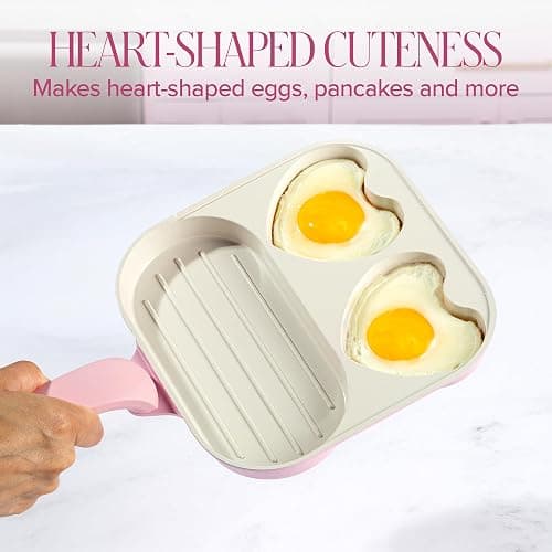 Paris Hilton Ceramic Nonstick Divided Skillet with Heart-Shaped Sections and Grill Plate, Cast Aluminum, Dishwasher Safe, 8-Inch, Pink thumbnail 7