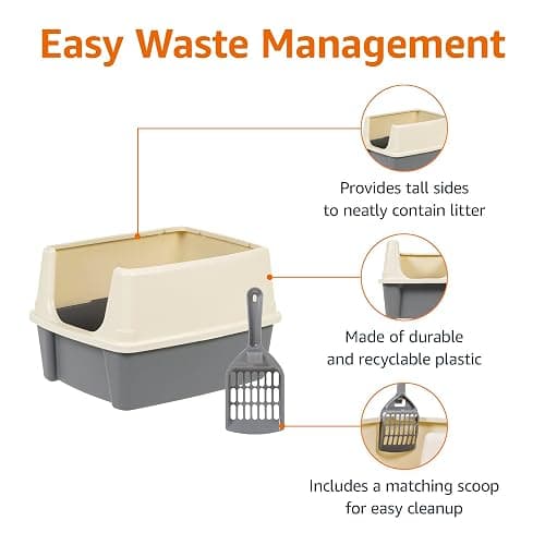 Amazon Basics Large Cat Litter Box with High Sides, Open Top, Includes Scoop, 19 x 15 x 11.75 inches, Grey/Beige thumbnail 2