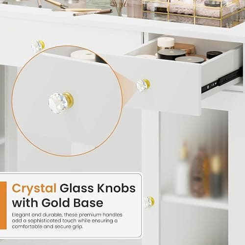 Pamapic Makeup Vanity Desk with Mirror and Lights, LED Light Strip Vanity with Glass Top, Crystal Knobs and Translucent Cabinet Doors, 3 Lighting Modes White Vanity with 3 Drawers thumbnail 5