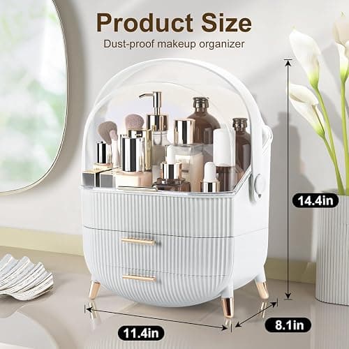 Makeup Organizer for Vanity, Make up Organizers and Storage, Cosmetics Skincare Organizers with Lid and Drawers, Cosmetic Display Cases for Countertop, Bathroom, Dresser, Ideal Gifts for Women(White) thumbnail 2