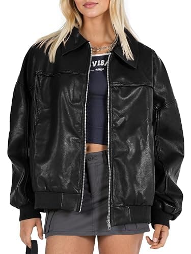 Tankaneo Womens Faux Leather Jackets Oversized Bomber Casual Fall Fashion Zip Up Moto Biker Coats - Image 1