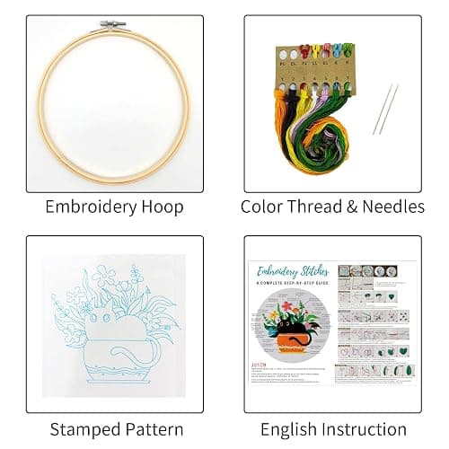Louise Maelys Embroidery kit with Cat Plant Stamped for Starters, Cross Stitch Kits for Beginners Adults, Include Embroidery Cloth, Hoop,Needles,Instruction and Threads thumbnail 2