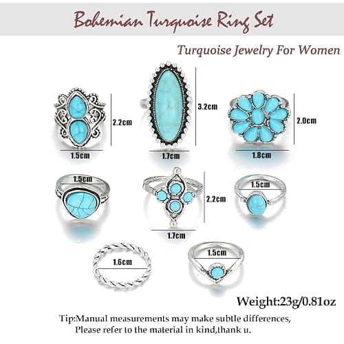 Bohemian Turquoise Ring Set for Women,Vintage Western Rings Chunky Turquoise Opal Stackable Knuckle Ring Set Punk Midi Finger Ring Pack Boho thumbnail 7