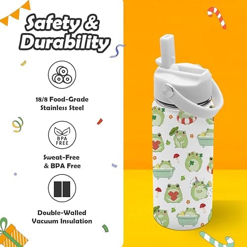 ROVOZAR Frog Water Bottle - Frog 16oz Stainless Steel Water Bottle with Straw - Cute Frogs Insulated Cup for Girls Boys - Frogs Kids Tumbler for School, Sports, Travel thumbnail 4
