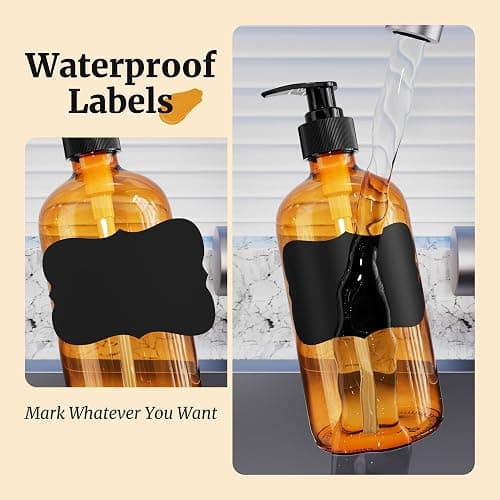 PrettyCare Set of 2 16oz Amber Glass Bottles with Black Pumps - Leak-Proof, Refillable Empty Dispenser for Shampoo, Conditioner & Thick Liquids - with Waterproof Labels thumbnail 7