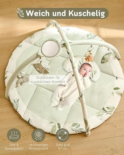 Fortella Spielbogen Baby, Spielmatte mit Bauchzeit Kissen und 5 Sensorik Spielzeug Abnehmbarem,Naturthemen Krabbeldecke für Babys ab der Geburt, Neugeborene & Kinder, 0-6-9-12 Monate-Salbeigrün - Salbeigrün thumbnail 6