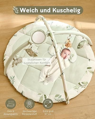 Fortella Spielbogen Baby, Spielmatte mit Bauchzeit Kissen und 5 Sensorik Spielzeug Abnehmbarem,Naturthemen Krabbeldecke für Babys ab der Geburt, Neugeborene & Kinder, 0-6-9-12 Monate-Salbeigrün - Salbeigrün thumbnail 7