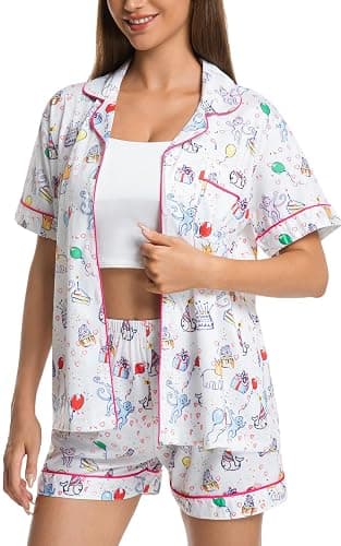 Womens Pajamas Set Button Down 2 Piece Cute Monkey Bunny Y2k Preppy Heart Pjs Sets Lounge Comfy Sleepwear thumbnail 4
