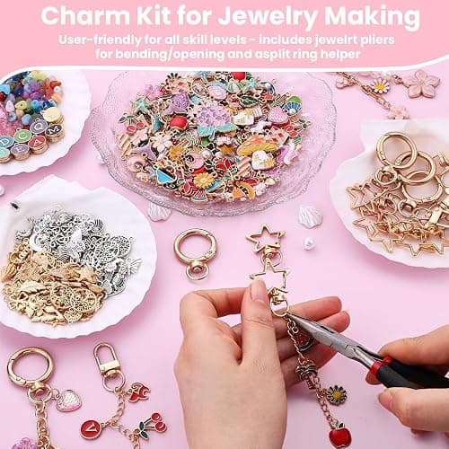 JOICEE 585Pcs Charms lip Gloss Keychain Making Kit, DIY Jewelry Crafts Making Kit with 192 Enamel Pendants 30 KeyChain Hooks 30 Chains and 333 Accessories Tools for Girls Adults Birthday Holiday Gifts thumbnail 5