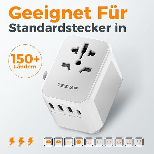 TESSAN Reiseadapter Weltweit, Universal Reisestecker mit 3 USB, 1 USB C und 1AC Steckdose, Internationaler Steckdosenadapter, Universaladapter für Deutschland USA England Thailand Italien Australien - 3 USB A und 1 USB C-Grau-Weiß thumbnail 4