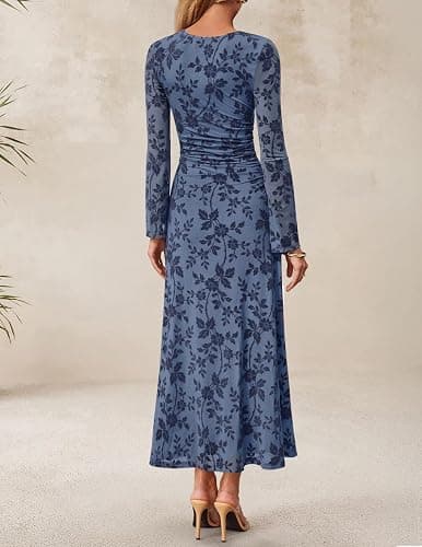 ZESICA Women's Long Sleeve Floral Bodycon Dress 2025 Fall Fashion Ruched Mesh Wedding Guest Cocktail Party Maxi Dresses thumbnail 5