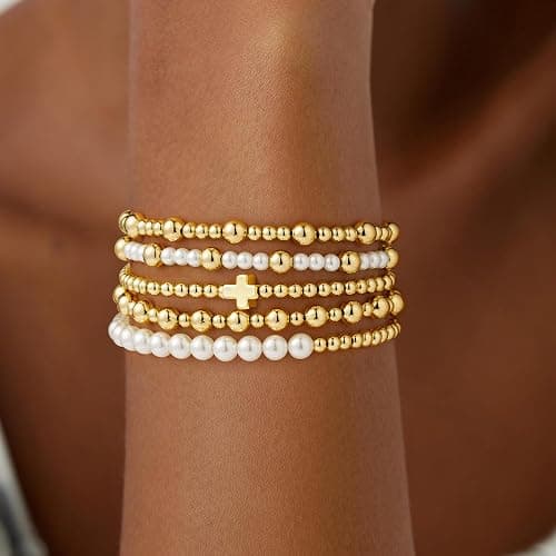 Turandoss 5PCS Gold Beaded Bracelets for Women Teen Girls, 14K Gold Plated | Gold Beaded Bracelet Stack, Dainty Turquoise Cross Pearl Round Ball Bracelet Set, Women Teenage Girls Birthday Gifts Jewelry thumbnail 2