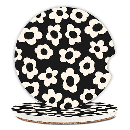 Adastrah Absorbent Car Coasters 2 Pack for Cup Holders, 2.56" Ceramic Stone & Non-Scratch Cork Base Drink Coasters(White Flower) - Image 1