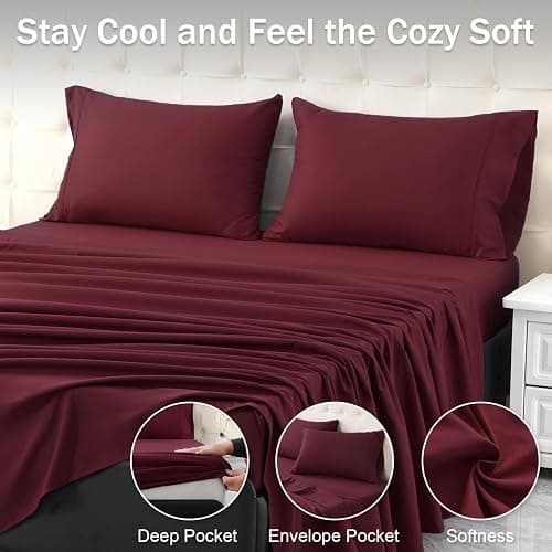 MICORAL Full Bed Sheets Set, Soft Breathable Bedding Sheet Set, Sheets Set with 16" Deep Pocket Design (4 Pieces, Full, Wine Red) thumbnail 7