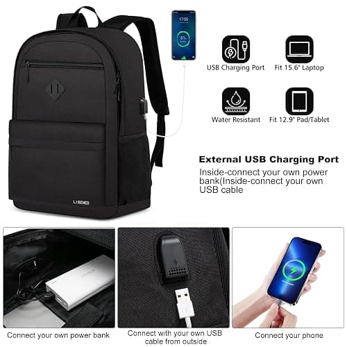LIBENED School Backpack Teen Boys and Girls, Classical Basic Black Backpack, 15.6 Inch Laptop Bookbag with USB Charger for Women Men, and College High School thumbnail 3