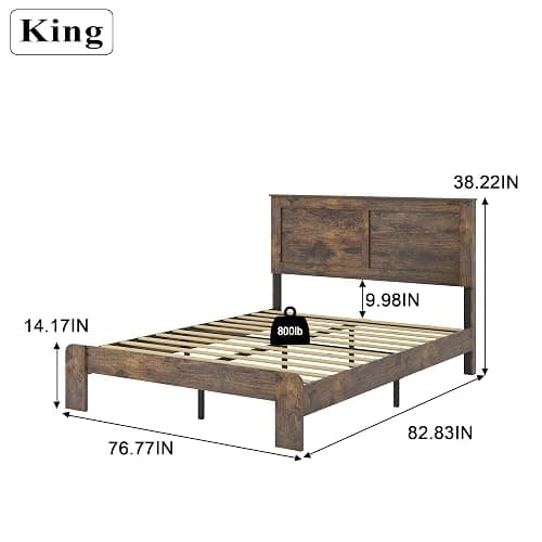 NNOOTK King Size Bed Frame, Rustic Vintage Platform Bed Frame with Wood Headboard and Footboard, 12 Wood Slats Support, No Box Spring Needed (Dark Brown, King) thumbnail 2