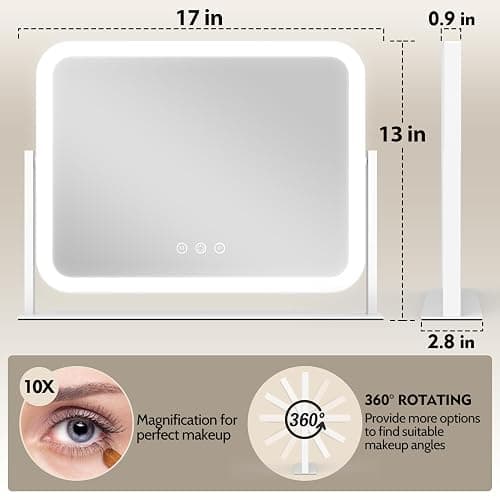 ROLOVE Lighted Makeup Mirror, 17"x13" Vanity Mirror with Lights, 10X Magnification, Gifts for Women, 3 Color Lighting Modes, Smart Touch Control, 360° Rotation for Bedroom or Tabletop (White) thumbnail 2
