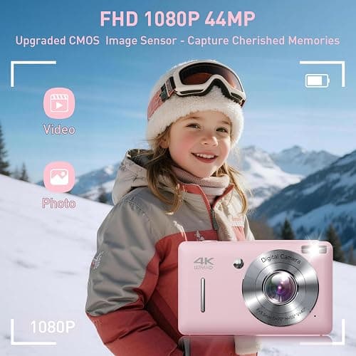 Digital Camera, 44MP FHD 1080P Point and Shoot Digital Camera with 16X Zoom, Small Compact Camera with Face Detect, 32GB SD Card, Anti Shake for Kids Teens Boys Girls (Pink) thumbnail 2