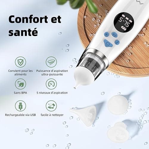 Mouche Bebe Electrique, Mouche nez Bébé confort 5 niveaux d'aspiration mouche-bébé 3 tailles Embout musique et lumière apaisantes affichage LED portable thumbnail 3