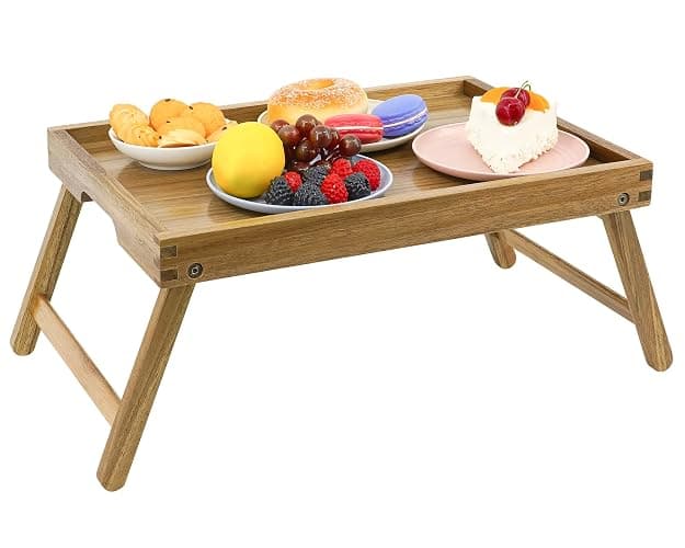 VaeFae Acacia Bed Table Tray, Wooden Breakfast Tray with Folding Legs, Bed Tray for Eating and Laptop, Eating Trays for Bedroom thumbnail 4