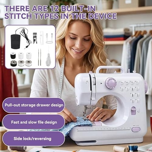 Electric Sewing Machine for Beginners for Quick Repairs DIY Crafts & Gift | Portable Mini Sewing Machine with Dual Power, 12 Stitches, Foot Pedal, Light, Storage Drawerand Accessories Kit thumbnail 3