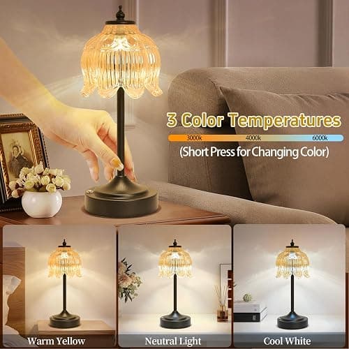 Crkwos Cordless Table Lamp, Rechargeable Amber Glass Lotus Flower Lamp | 5200mAh touch lamp with 3 color modes and stepless dimming, battery operated lamp for nightstands and kitchen counters thumbnail 3