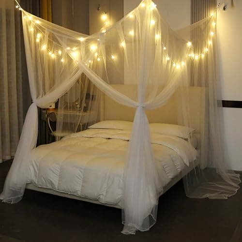 Mengersi Bed Canopy with Lights for Full Queen King Size Bed,4 Corner Post Bed Drapes Canopy for Bed,Canopy Bed Curtains Elegant Bedroom Decoration Accessories(White+Lights) thumbnail 2