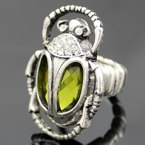 Q&Q Fashion Silver Plated Vintage Egyptian Cleopatra khepri Scarab Beetle Green Rhinestone Stretch Finger Ring thumbnail 3