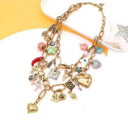 JNF Chunky Layer Heart Charm Necklace for Women Boho Heart Sun Flower Key Coins Charms Necklaces Paperclip Link Chain Necklace Y2K Statement Jewelry thumbnail 4