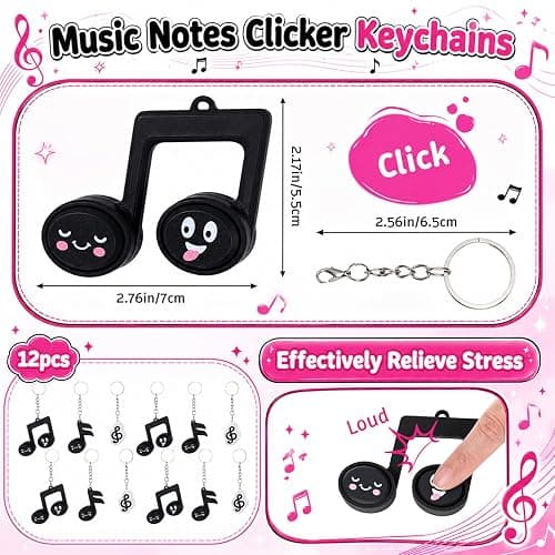 Sureio 12 Pcs Music Notes Clicker Keychains Bulk, Cute 3D Printed Musical Note Clicker Fidget Keyrings, Stress Relief Keychain Gifts for Classroom Rewards Music Back to School Party Favors thumbnail 3