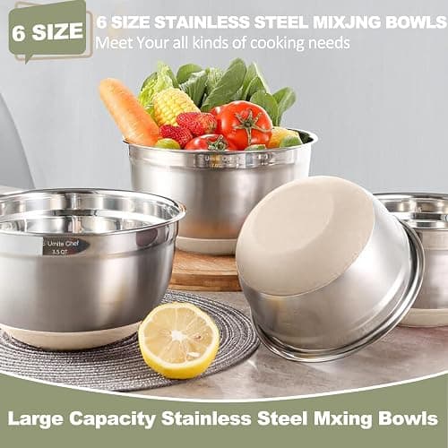 Umite Chef Mixing Bowls with Airtight Lids, 6 piece Stainless Steel Metal Nesting Storage Bowls, Non-Slip Bottoms Size 7, 3.5, 2.5, 2.0,1.5, 1QT, Great for Mixing & Serving (Khaki) thumbnail 5