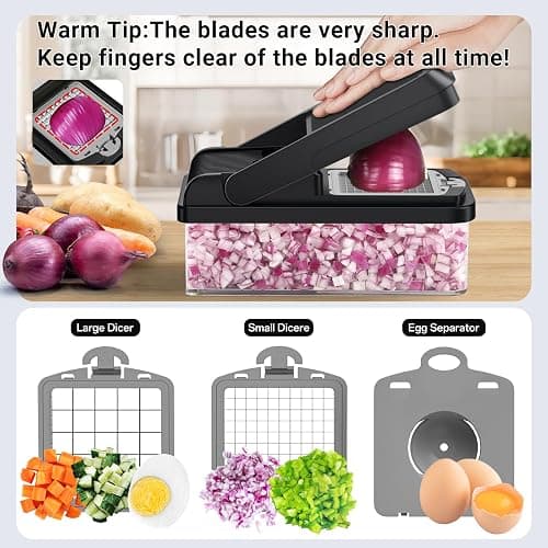 SpaceHacks 12-in-1 Vegetable Chopper, Kitchen Gadgets with 7 Blades, Veggie, Food, Onion Chopper, Cucumber Slicer, Versatile Mandoline, Includes Egg Separator & Finger Guard, Gray thumbnail 4