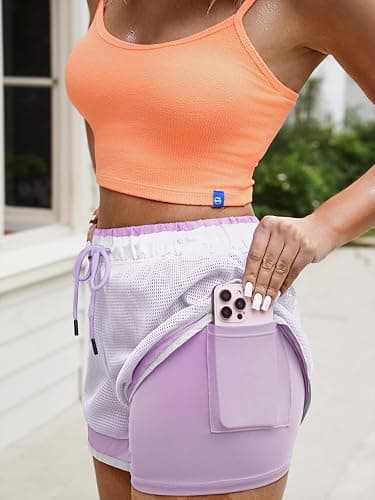 Fisoew Women Athletic Shorts 2 in 1 Running High Split Color Block Workout Yoga Mesh Shorts Pocket Drawstring thumbnail 2