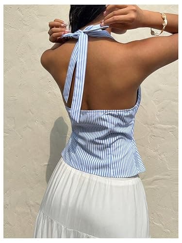 Milumia Women's Striped Tie Bow Front Halter Top Sleeveless Ruched Ruffle Hem Tank Tops thumbnail 2