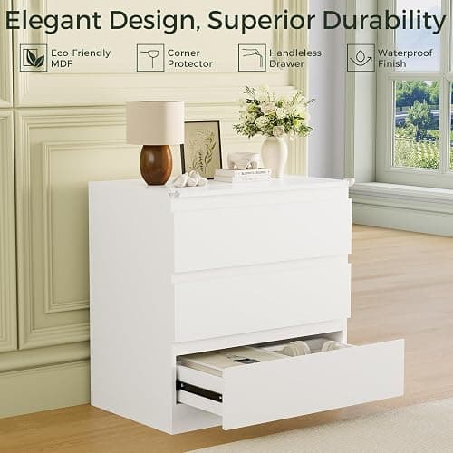 OtterOasis White Wood Dresser for Bedroom, 3 Drawer Dresser for Clothes Storage, Modern Dressers with Wide Drawers, Wide Wooden Chest Drawers for Living Room, Entryway, TV Stand thumbnail 4