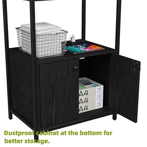Furniouse 5-Tier Kitchen Bakers Rack with Power Outlet, Industrial Microwave Oven Stand with Storage, Kitchen Storage Shelf with Cabinet, Coffee cart, Standing Kitchen Storage Rack (Black) thumbnail 7