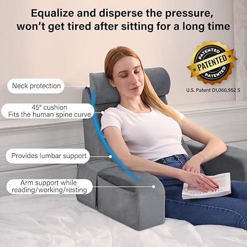 ENITYA Reading Pillow for Sitting in Bed Adult, 19" Back Support Pillow for Bed Sitting up, Backrest Cushion for Reclining,Gaming,Resting,Watching TV in Couch or Floor, Wedge with Arms, Medium(Grey) thumbnail 3