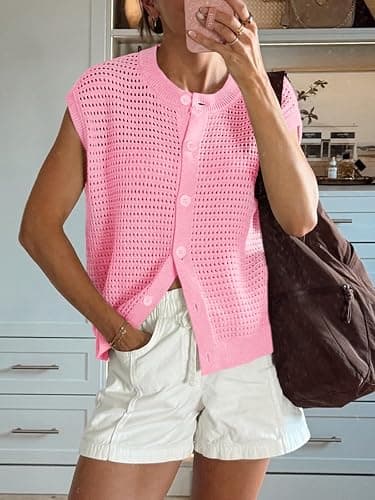 Saodimallsu Womens Short Cap Sleeve Sweater Vest Crochet Button Down Cardigans Crew Neck Summer Knit Tops thumbnail 2