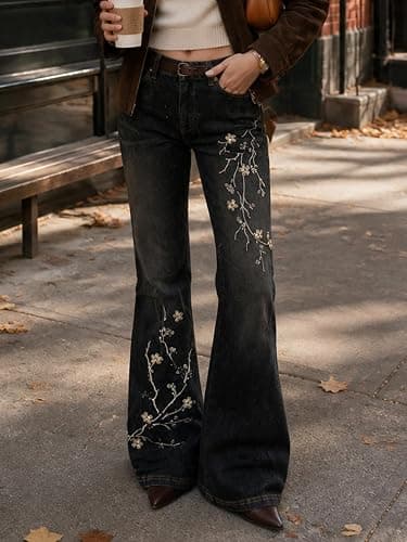 Women Bell Bottom Jeans Stretchy Flare Mid Rise Embroidery Vintage Denim Pants 90s Outfits Y2k Clothes thumbnail 2