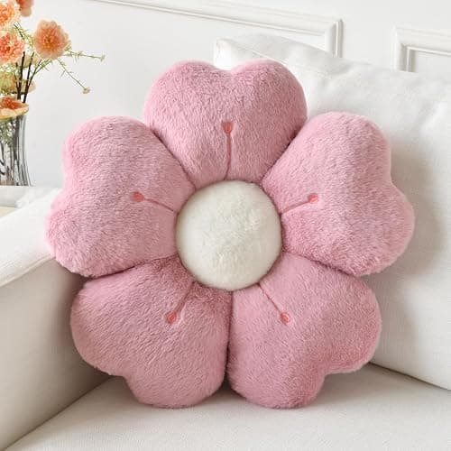 Ddliury Flower Pillow, Flower Shaped Pillow Decorative Throw Pillows for Bed Couch, Cute Daisy Pillow Dorm Decor Floor Seating Cushion (Grey Pink, 15 Inches) - Image 1