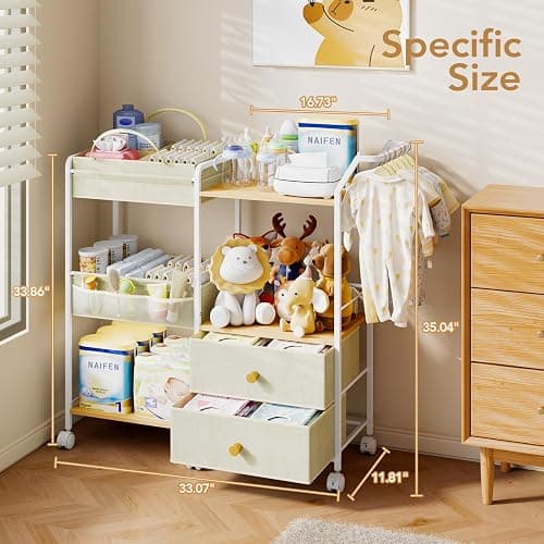 BBLIKE Diaper Caddy Organizer with Hanging Rack - 3 Tier Rolling Baby Storage Cart with Drawers and Side Pockets for Newborn Diaper Organization for Nursery, Crib, Bedroom, Changing Table, Beige thumbnail 6