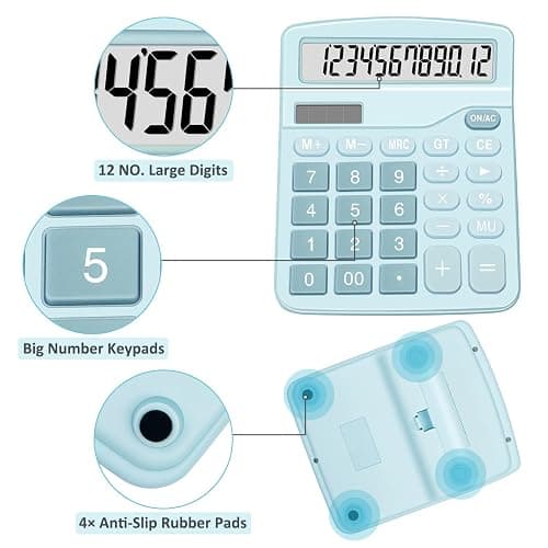 Calculators, Splaks 2 Pack Standard Functional Desktop Calculators Sola and AA Battery Dual Power Electronic Basic Calculator with 12-Digit Large Display for Office, Home, School (1 Blue & 1 Pink) - 1 Blue & 1 Pink thumbnail 3