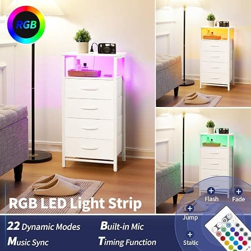 Yoobure Night Stand - LED White Nightstand with Charging Station, Bedside Table with 4 Storage Drawers and Storage Shelf, End Table with USB Ports and Outlets, Tall Dresser for Bedroom - White thumbnail 4