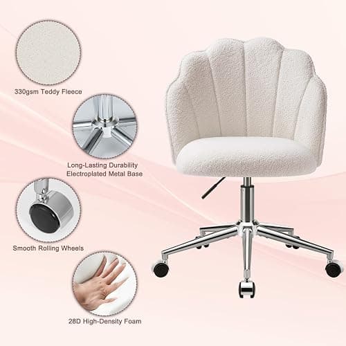 Eufurnibi Vanity Chair for Dressing Table with Wheels, Boucle Desk Chair for Bedroom, Swivel Armchair for Home, Height Adjustable&Easy Assembly, White/Beige thumbnail 5