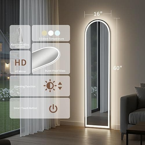 Arched Full Length Mirror with LED Lights, 60"x16" LED Floor Mirror with Stand, Body Floor Mirrors with Dimming & 3 Color Lighting, Wall Mounted LED Mirrors for Bedroom, Dressing Room, Cloakroom thumbnail 2
